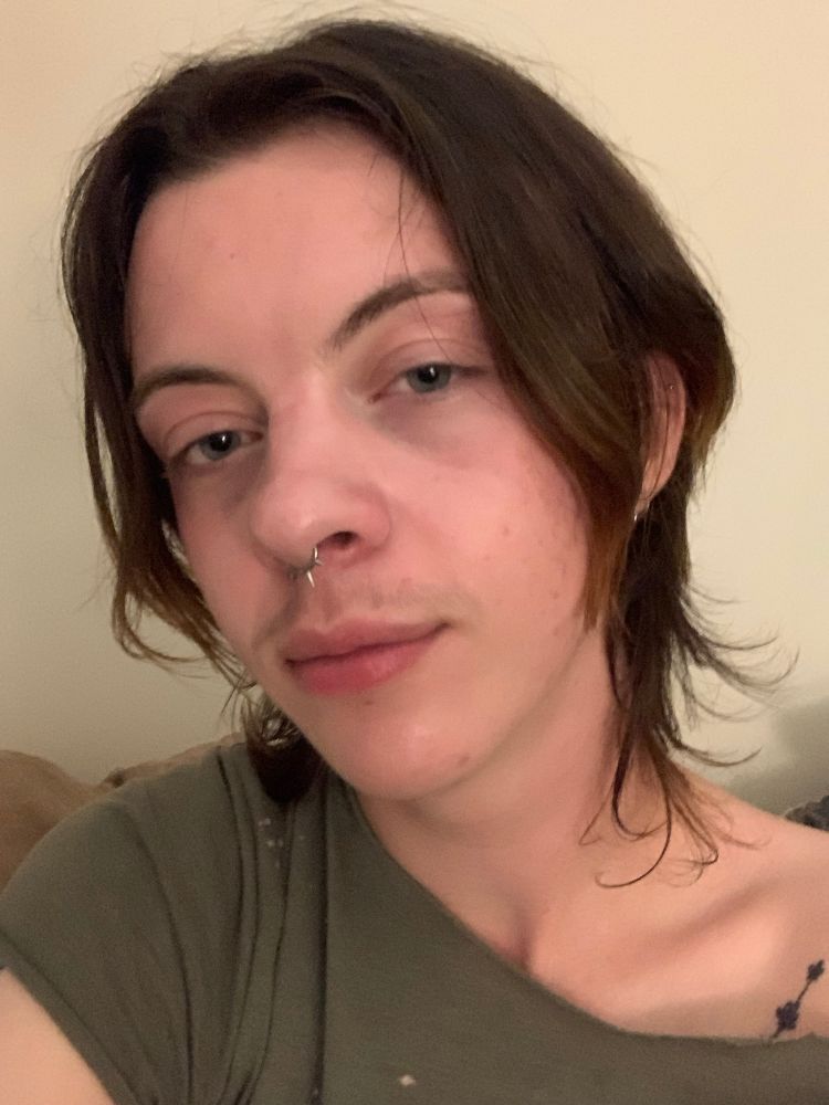 selfie of me with a wide necked light green shirt on, looking sleepy. my hair is soft, smooth, dark brown, and kind of chin/neck length, and also did i mention soft.