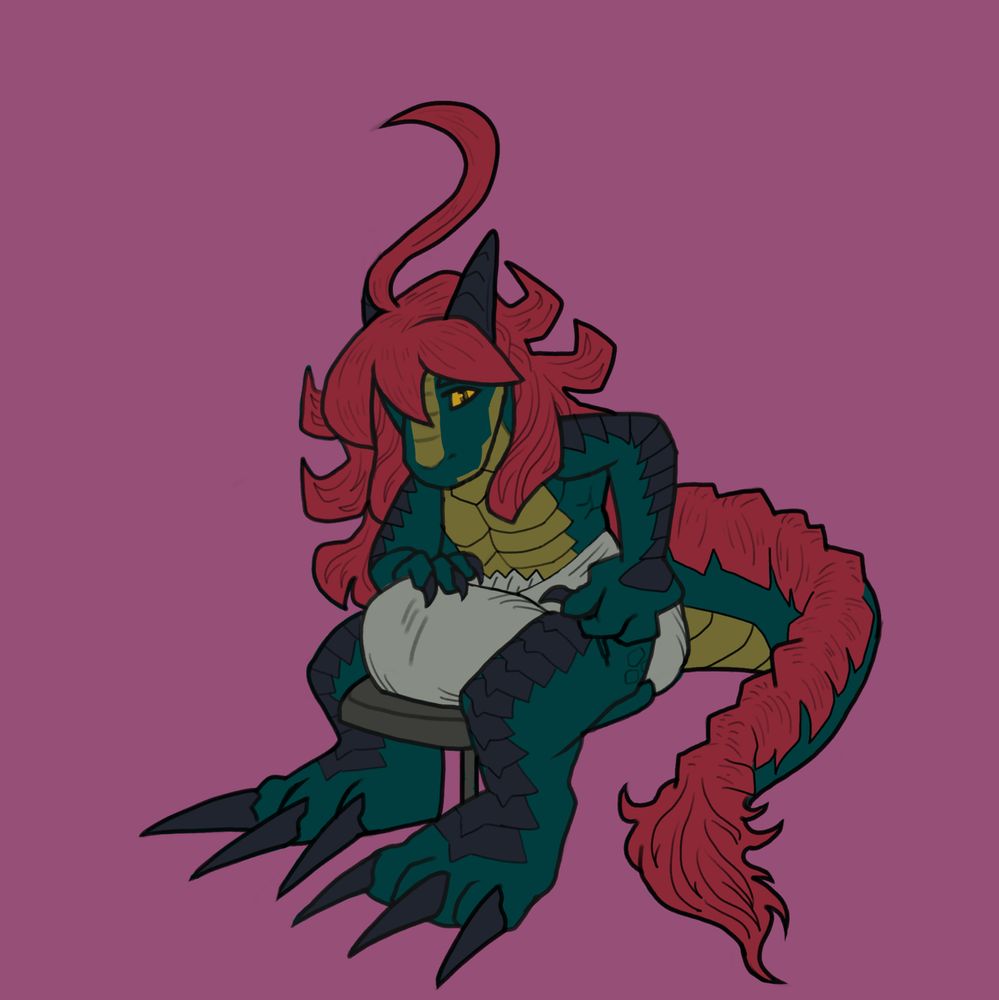 Reenie sitting on a task chair, injecting kobold HRT into her left leg, her hand resting on a hefty diaper