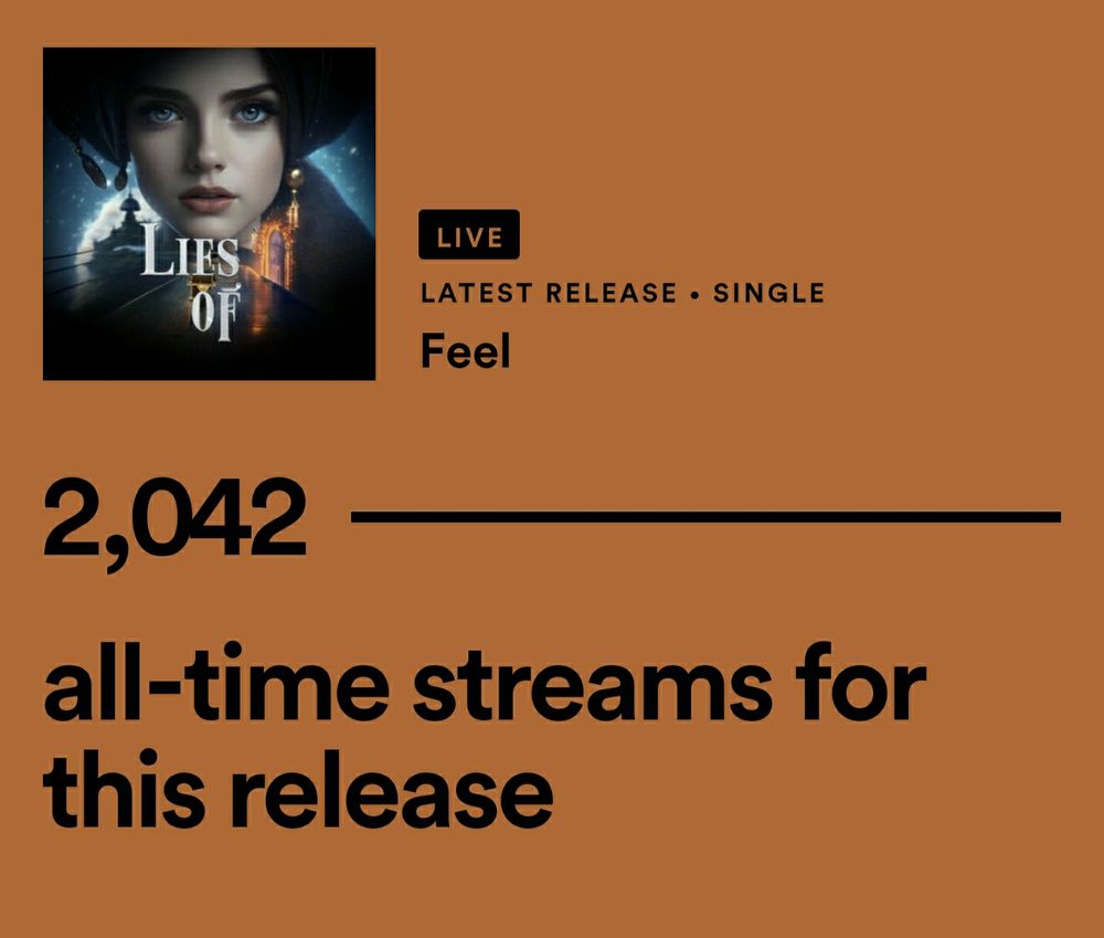 Screencap of statistics for Feel reading, "2,042 all-time streams for this release".