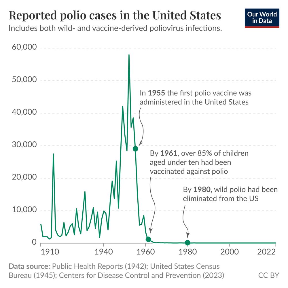 A line graph titled "Reported polio cases in the United States" displays the number of reported polio cases from 1910 to 2022. The vertical axis represents the number of cases, ranging from 0 to 60,000, while the horizontal axis indicates the years. The graph shows a dramatic peak in polio cases around 1952, with over 58,000 cases reported. Following this peak, there is a noticeable decline in cases, reaching nearly zero by the early 1960s, reflecting the impact of vaccination efforts. The graph includes a note stating it accounts for both wild and vaccine-derived poliovirus infections, whether indigenous or imported.

In the footer are the data sources: Public Health Reports (1942), United States Census Bureau (1945), and Centers for Disease Control and Prevention (2023). The graph is attributed to "Our World in Data" and is licensed under CC BY.