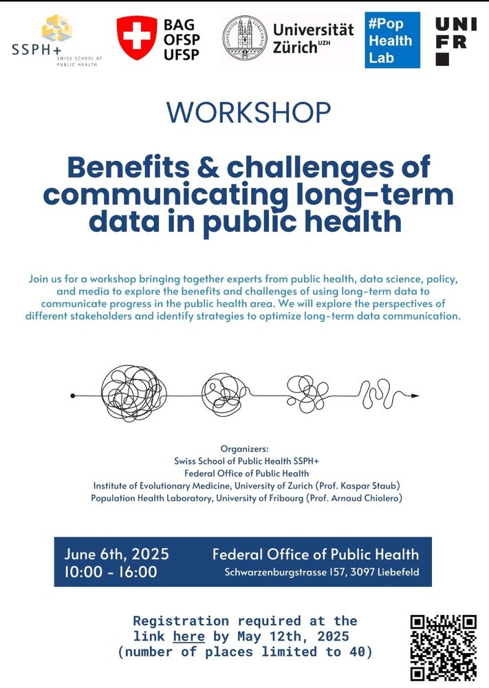 Poster for a workshop titled “Benefits & challenges of communicating long-term data in public health” held on June 6th, 2025, from 10:00 to 16:00 at the Federal Office of Public Health, Schwarzenburgstrasse 157, 3097 Liebefeld, Switzerland. Organized by SSPH+, the Swiss Federal Office of Public Health, University of Zurich, and University of Fribourg. 