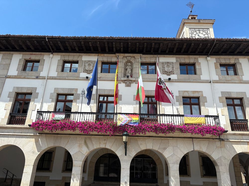 Palestinian, Ukrainian and LGBTQI flags, among others, flying at city hall, Gernika-Lumo.