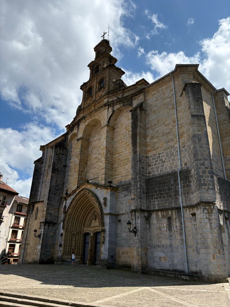 Massive, monumental facade of Iglesia Santa Maria in the town of Gernik, Basque Country,  Spain