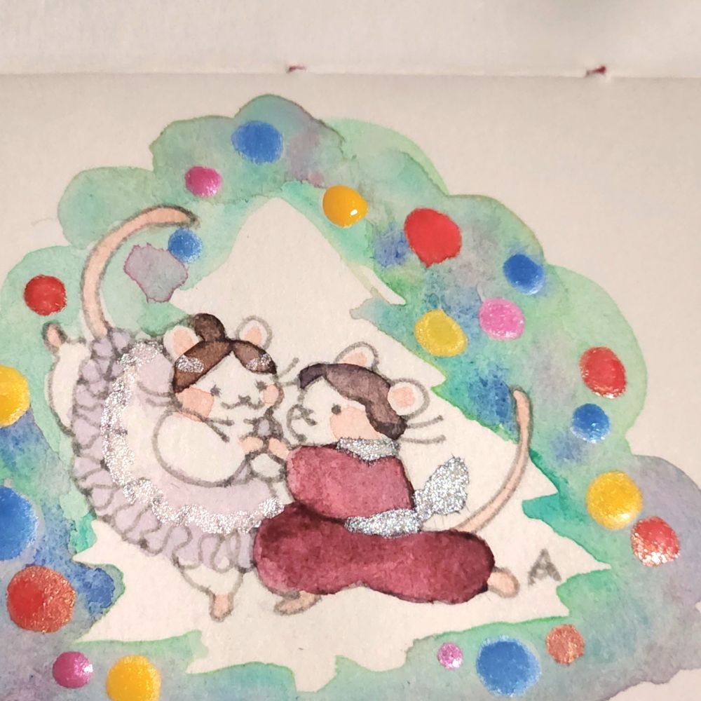 발레리나인형쥐와 호두까기인형쥐를 그린 그림.
반짝이 물감들로 장식까지 채색한 다음 아직 물감이 마르지 않아 촉촉해보이는 사진.
