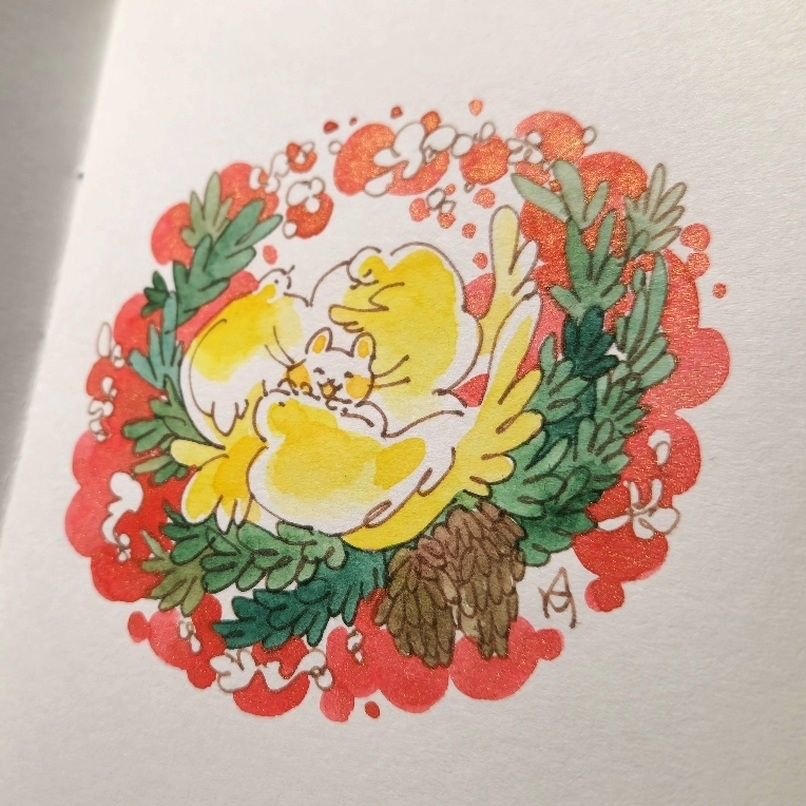 성탄절 느낌의 수채화 그림. 흰 쥐가 노랗고 토실토실한 새들 속에 포근하게 파묻혀 기쁜 표정을 짓고 있다. 반짝이 가루가 들어간 빨간 물감으로 그린 배경무늬와 소나무잎장식들, 솔방울이 함께 그려져 있다.