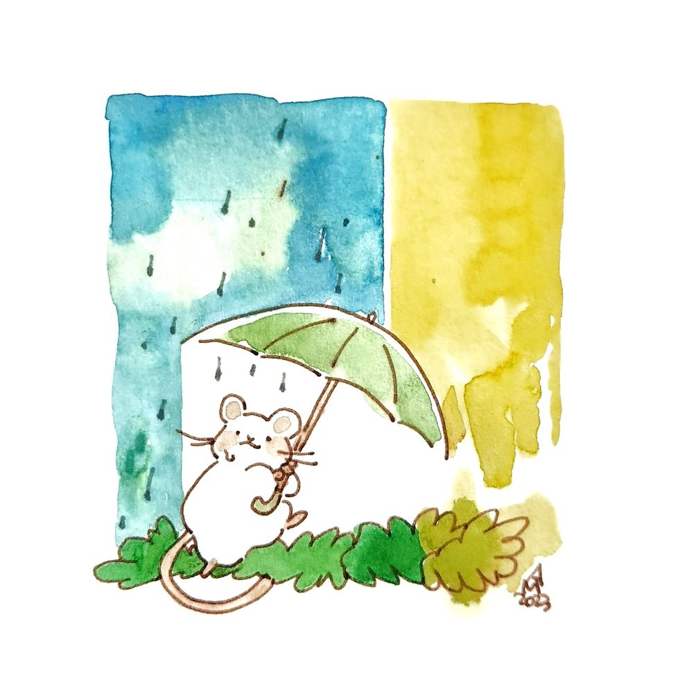 수채화 물감과 갈색 잉크로 그려진 그림입니다. 비가 내리는 중인 푸른 하늘과, 노란 하늘이 화면을 분할하고 있으며, 우산을 쓰고 그 경계를 지나가는 중인 흰 쥐가 그려져 있습니다. 하늘을 올려다보며 발을 내딛는 중인 흰 쥐의 얼굴로 빗방울 한 줄기가 흐르고 있습니다. 흰 쥐가 내딛는 발의 방향으로 보아, 이 쥐는 비가 내리는 여름의 장마철로부터 가을을 향해 걸어나가는 것으로 보입니다.