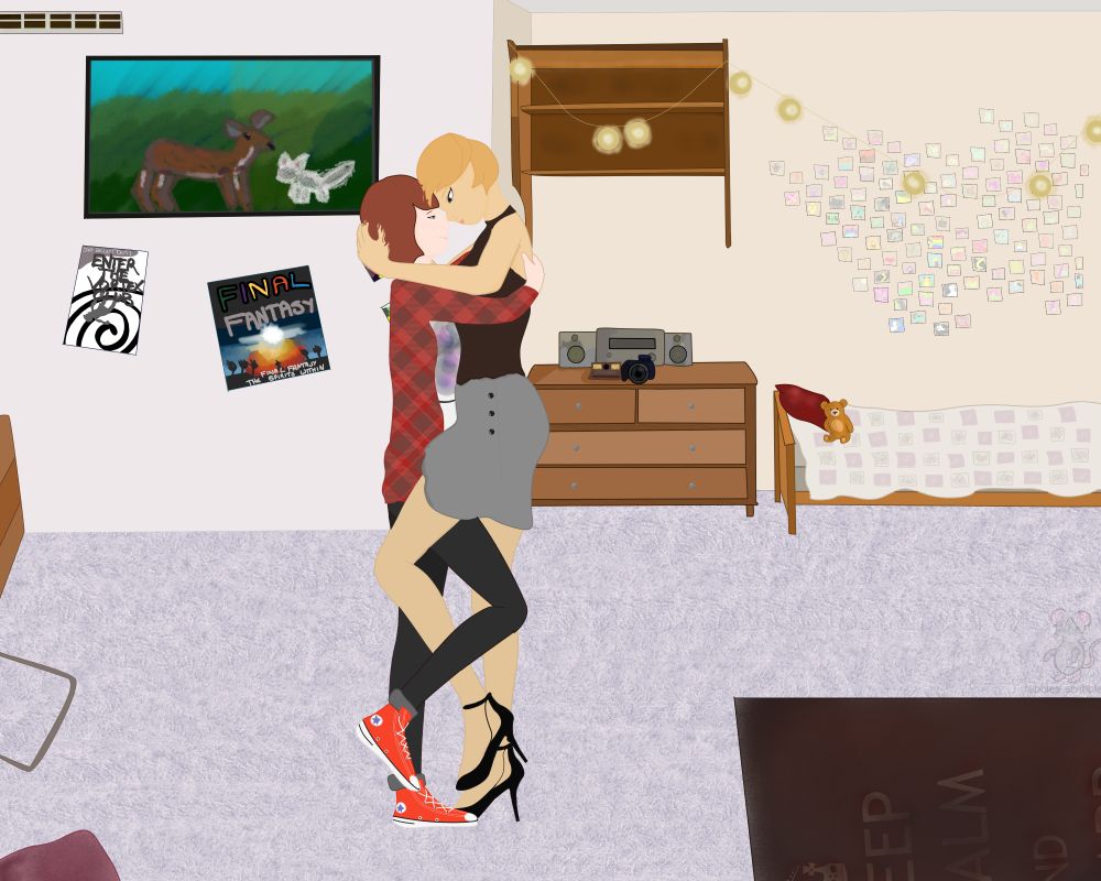 characters from Life is Strange in a bedroom embraced in gay hugging - no they aren't official. Yes i am trash for shipping them. Fuck it, let the gays be gay.