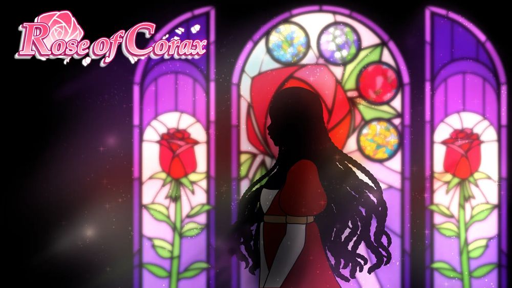 A silhouette (Odette) stands in front of three stain glass windows.

The stain glass windows is one full arch with two half arches on either side. The half arches feature a rose on a purple background. The full arch has a rose bloom at it's center and four smaller circles surrounding it, each circle having a different flower (forget me not, lily of the valley, amaryllis, and snap dragon)

In the upper corner is the game's logo Rose of Corax.

Dust particles and light shines through the room animating as if the sun was passing in the sky.