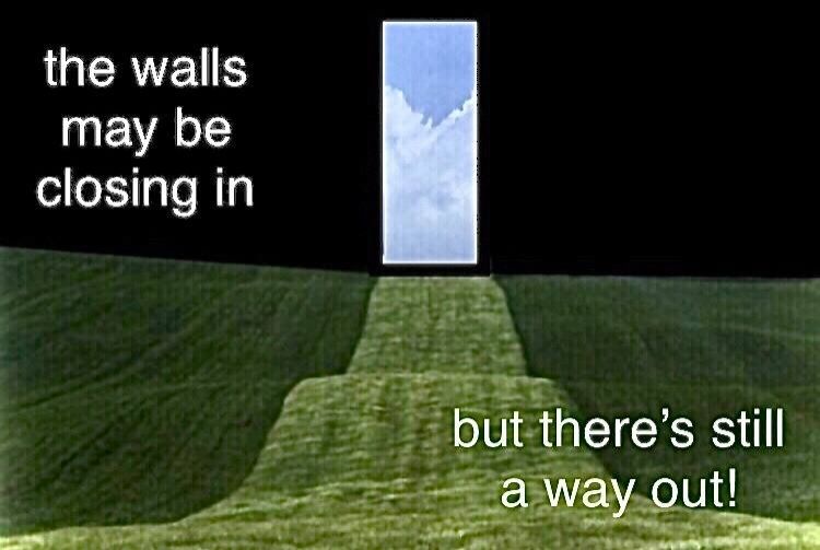 weirdcore image of a grass landscape and black walls closing in with the text "the walls may be closing in" and "but there's a way out" written on it