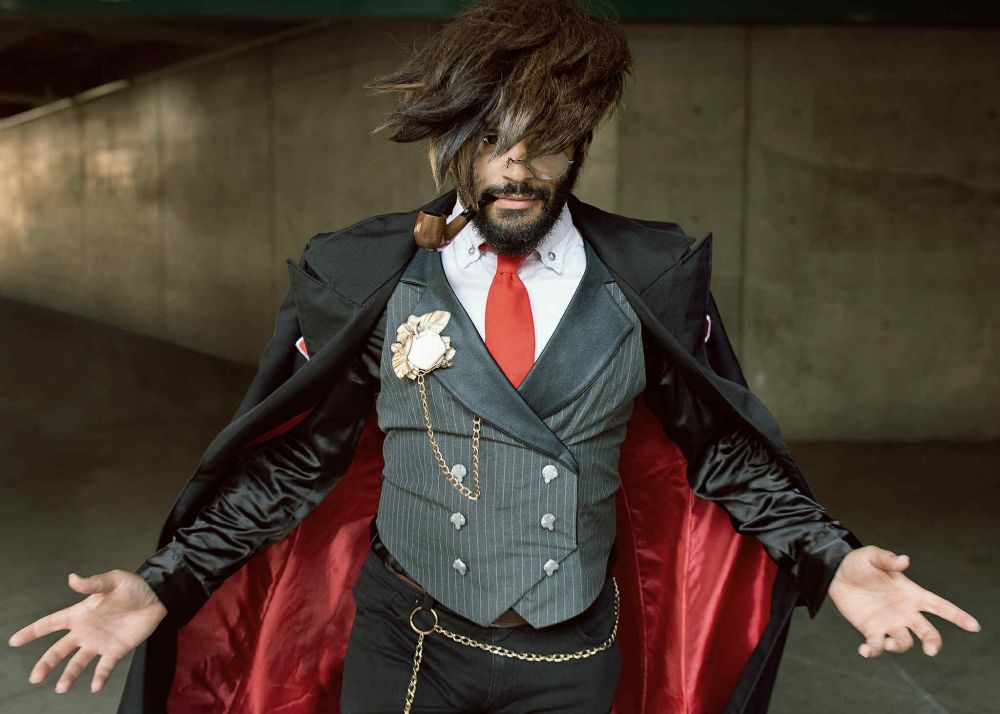 Maguma cosplaying as Slayer from Guilty Gear Strive, approaching the Camera akin to slayers match intro 