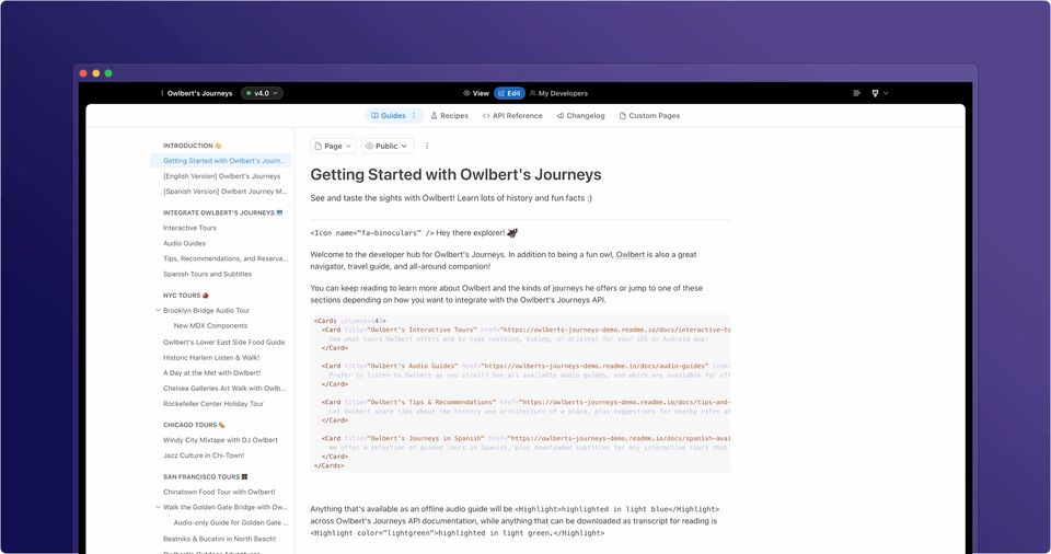 ReadMe's new editing UI where you can toggle between edit and published view.