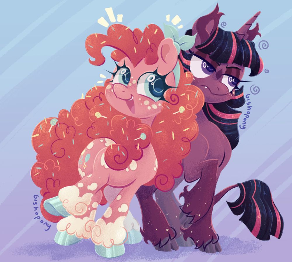 pinkie pie, a pink pony with big darker pink curly hair, excitedly leans against twilight sparkle, a purple unicorn with dark blue hair and pink highlights, who has an annoyed expression on her face