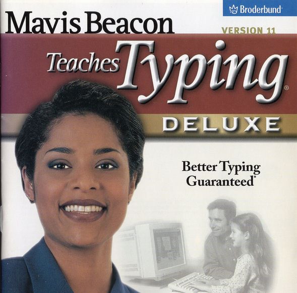 Cover of the Broderbund-published version 11 of Mavis Beacon Teaches Typing Deluxe, featuring a headshot photo of the model who portrayed Mavis Beacon.