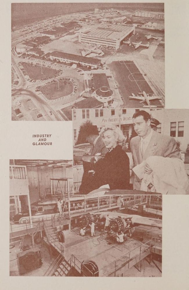 Front cover of a program reproduced in the booklet, Men, Money and Mud, The Story of San Francisco International Airport, by William Flynn, 1954. Photos feature an aerial view of the airport terminal, as well as images of Marilyn Monroe and Joe DiMaggio, and a plane undergoing engine service.