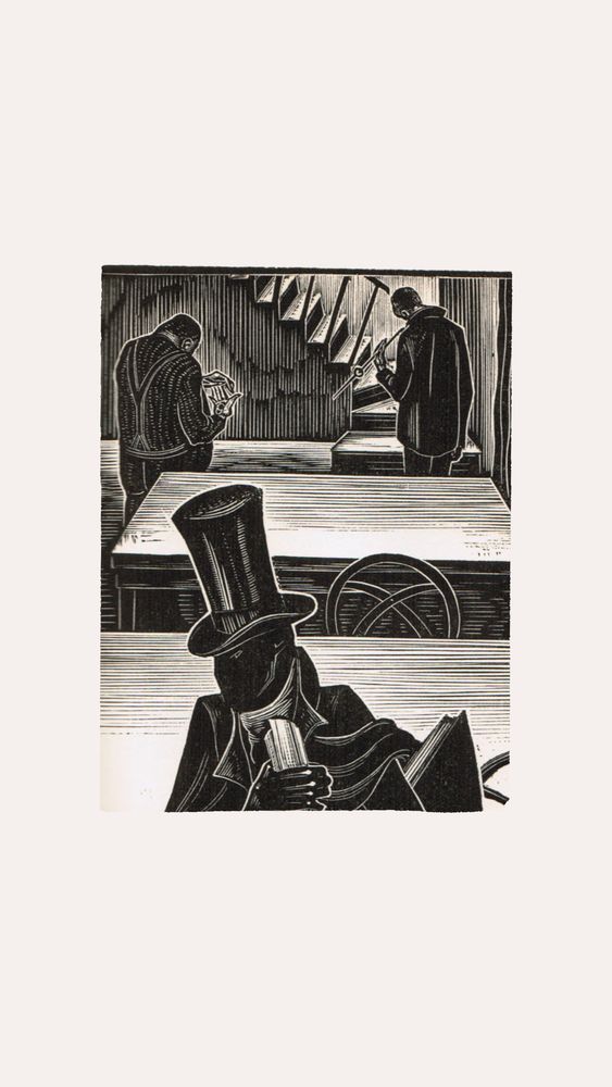 A woodcut illustration from the graphic novel “Gods’ Man. The figure in black in the foreground as two men in the background have their backs to him.