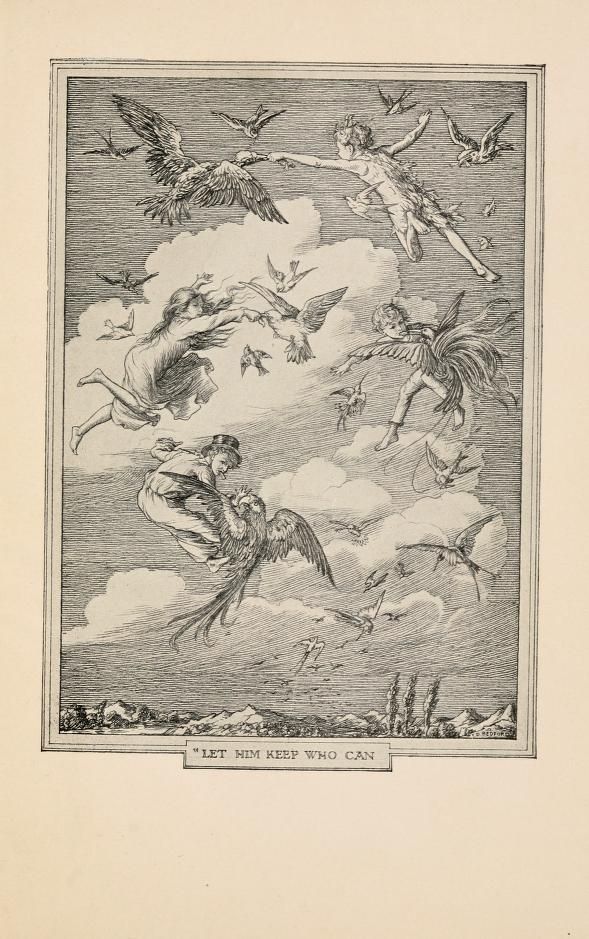 Illustration by F.D. Bedford from a 1911 edition of Peter and Wendy, titled "Let him keep who can." It features Peter and the Darling children flying to the Neverland and pursuing birds who had food in their mouths suitable for humans to snatch it from them.