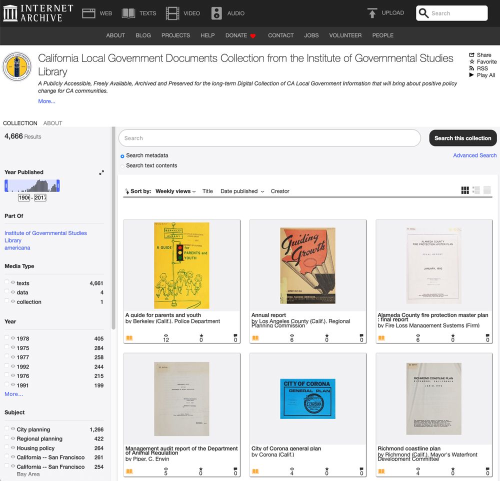 Screenshot of the California Local Government Documents Collection from the Institute of Governmental Studies Library on the Internet Archive