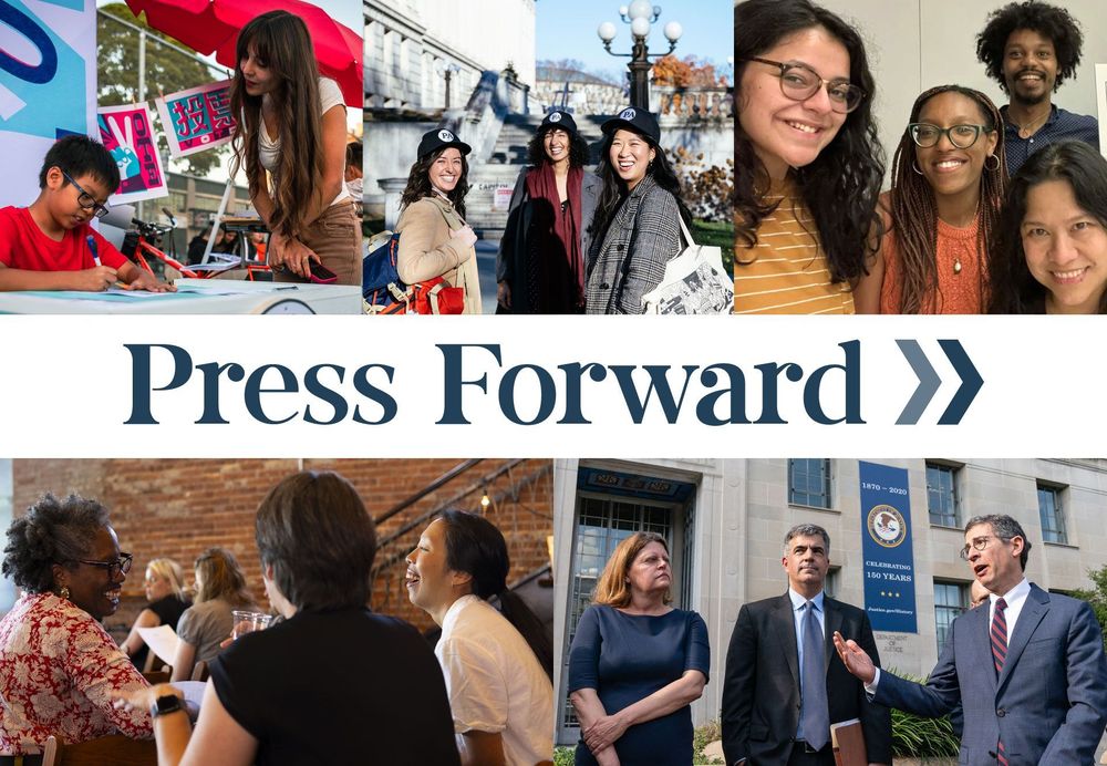 Five photos of people in various settings with the Press Forward logo centered between them. Description: Press Forward invests $22.7 million in local news infrastructure to meet the urgent challenges newsrooms face.