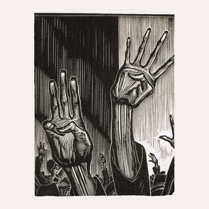 A woodcut illustration from the graphic novel “Gods’ Man. Close on the hands of people holding up their hands with varying numbers of fingers extended.