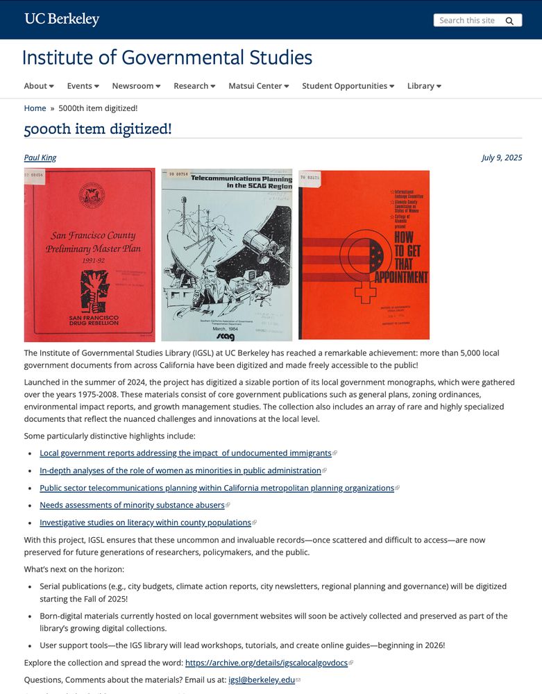 Screenshot of the UC Berkeley Institute of Governmental Studies  blog announcing the 5,000th item digitized