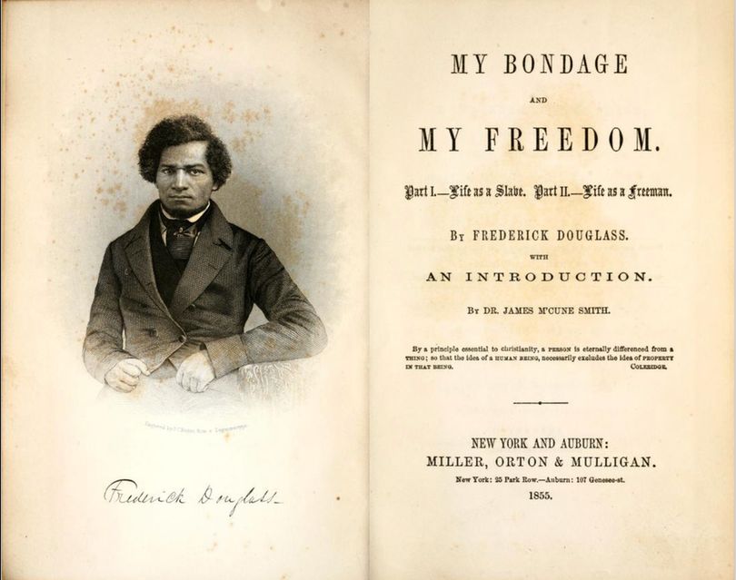 Facing pages from My Bondage and My Freedom with a photo of author Frederick Douglas on the left page and the title on the right page.