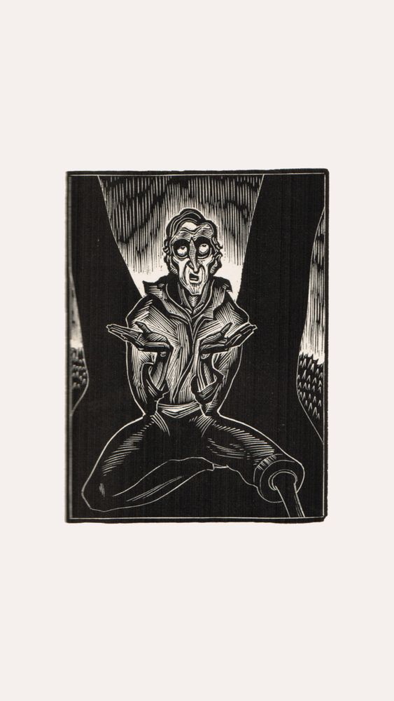A woodcut illustration from the graphic novel “Gods’ Man. A man with a peg leg sits, hands spread apart as he looks up.