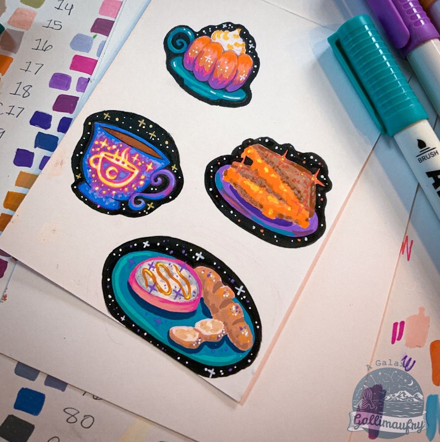 During Galaxy Garden Cafe streams, you can order tea, coffee, and food in chat using chat commands, and you are given something at random! We used the commands to choose what to draw today and came up with, starting from the top - Pulsar Pumpkin Spice Latte, Red Dwarf Star Grilled Cheese, Rooibos Chai with Milk, and Baked Calypso Camoonbert with a baguette and honey. These are the drawings for each of those, using acrylic paint markers. They're going to be used for a community art game at this Saturday's stream. 