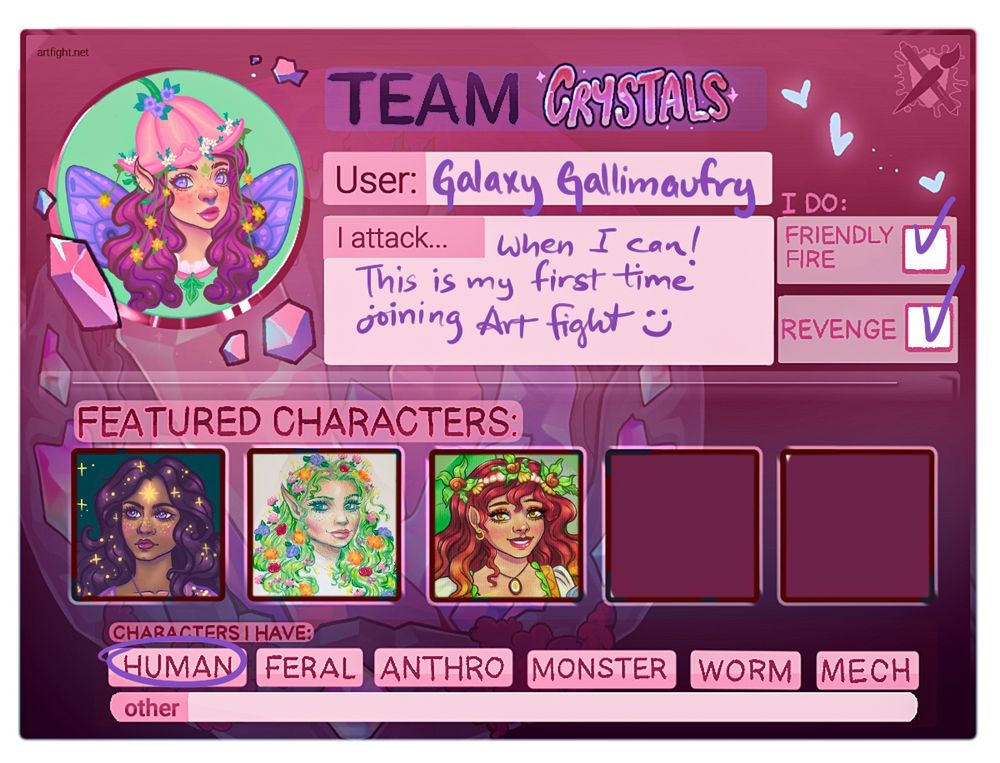 A little infographic on information for the Art Fight challenge. My username on the website is the same as here. I attack when I can as I have other ongoing projects. This is my first time joining art fight so I'm not entirely sure what to expect but I'm excited! I have three profile pics of my three characters shown, and you can find out more about them if you click on the link. I do friendly fire and revenge, and my characters are humanoid. 