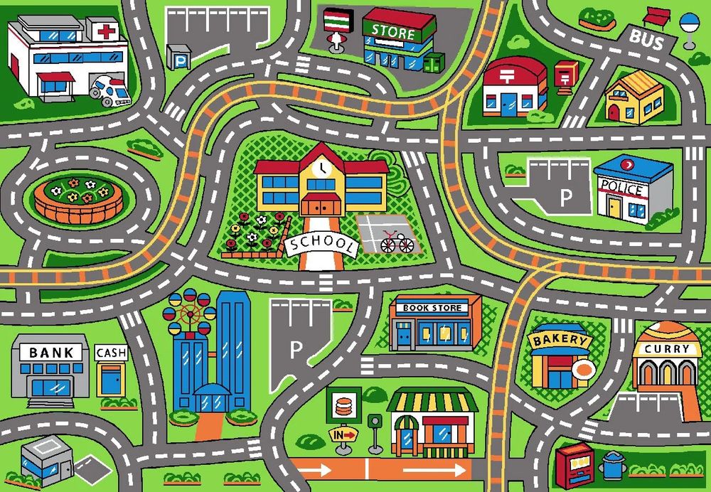 a kids area rug with a school, hospital, police station, and other landmarks. there are streets and railroads on the map connecting locations as well. 
