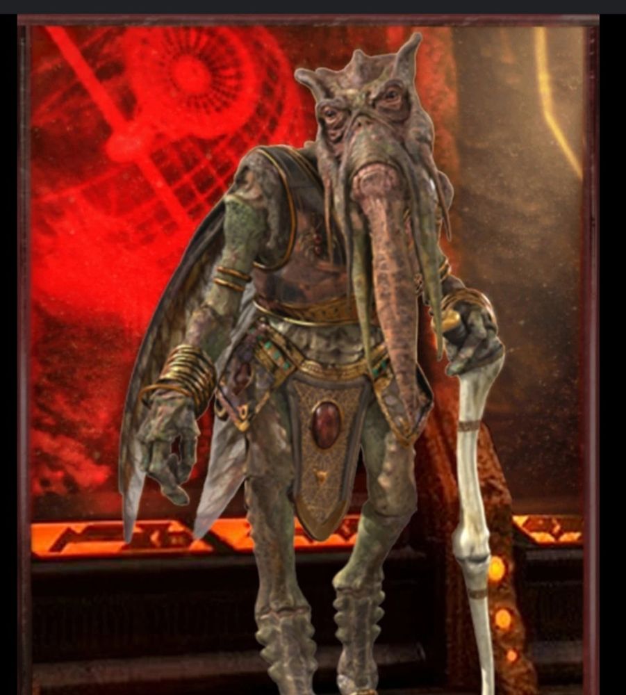 The command center on geonosis with the death star plans in the background. In the foreground is a tan alien from star wars known as Poggle the lesser. He is insectoid in body with a more human looking face with fleshy droops from his face that resemble facial hair. Poggle also has a walking stick and wings. 