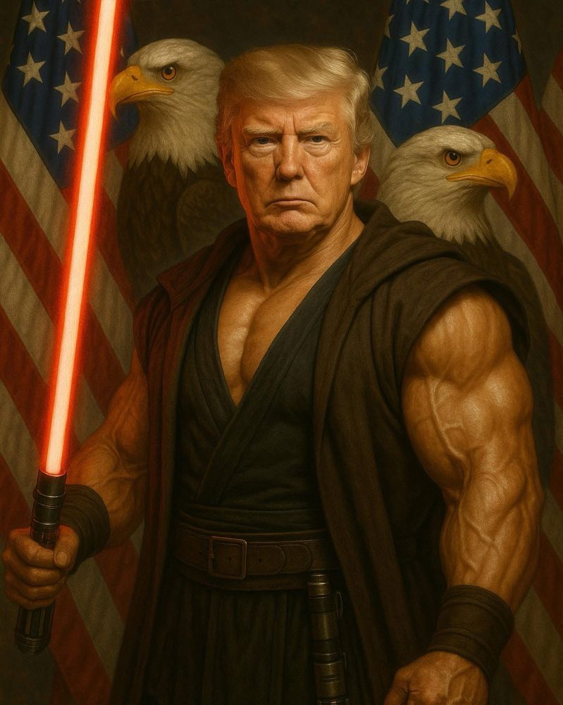 Image that was included with the Facebook post from the official White House page. It appears to be an AI-generated image showing Trump's head on a muscular body in what looks like sleeveless Jedi robes. His arms are extremely muscular. He is holding a lightsaber with a red beam. Two bald eagles and American flags are behind him. 