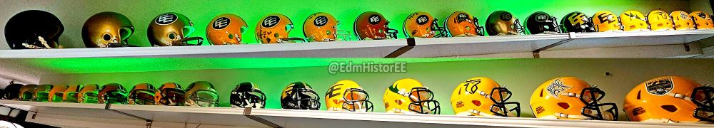 Rows of CFL Mini Helmets showing the evolution of the EE helmet design over 75 years.