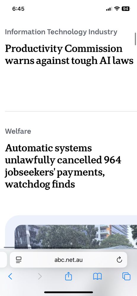 News story from abc Australia website - top says productivity commission warns against tough ai laws. Bottom says automatic systems unlawfully cancelled 964 jobseekers payments watchdog finds 
