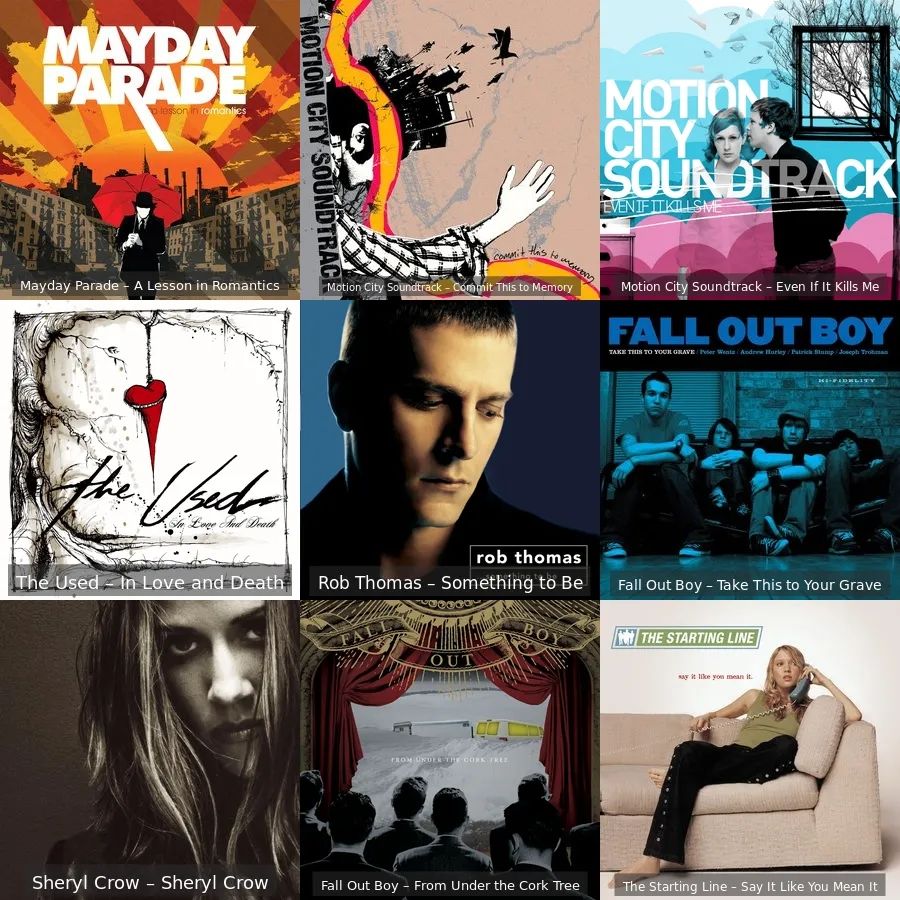 Mayday Parade- A Lesson in Romantics
Motion City Soundtrack- Commit This to Memory
Motion City Soundtrack- Even If It Kills Me
The Used- In Love and Death
Rob Thomas- Something to Be
Fall Out Boy- Take This To Your Grave
Sheryl Crow- Sheryl Crow
Fall Out Boy- From Under The Cork Tree
The Starting Line- Say It Like You Mean It