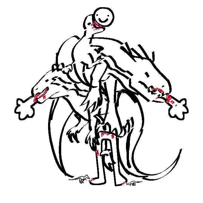 3 dinos eating a hooman (its just a silly doodle also they're like stacked on top of eachother)