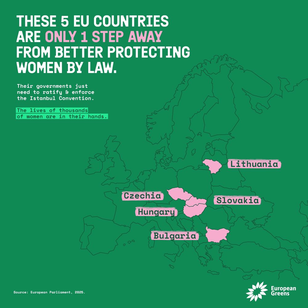 These 5 EU countries (Lithuania, Czechia, Hungary, Slovakia, Bulgaria)
are only 1 step away 
from better protecting
women by law. 

Their governments just 
need to ratify & enforce
the Istanbul Convention.

The lives of thousands
of women are in their hands.
