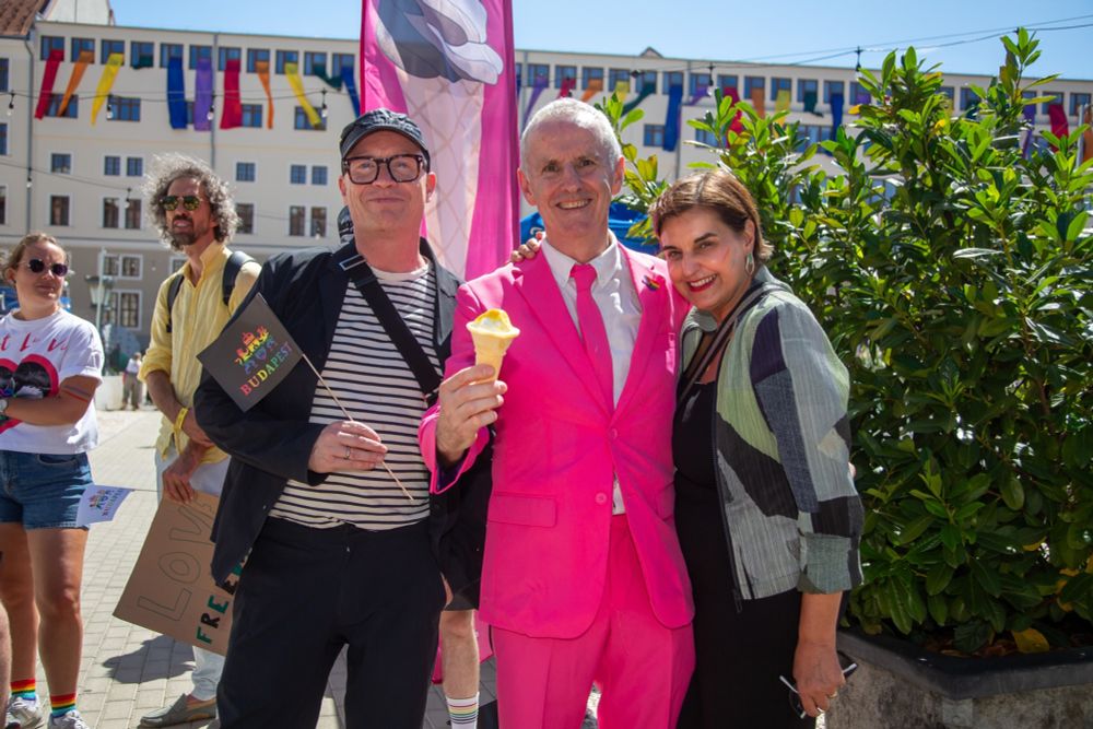 EGP Committee member Rasmus Nordqvist and co-chair Vula Tsetsi and Ciarán Cuffe and the Budapest Pride