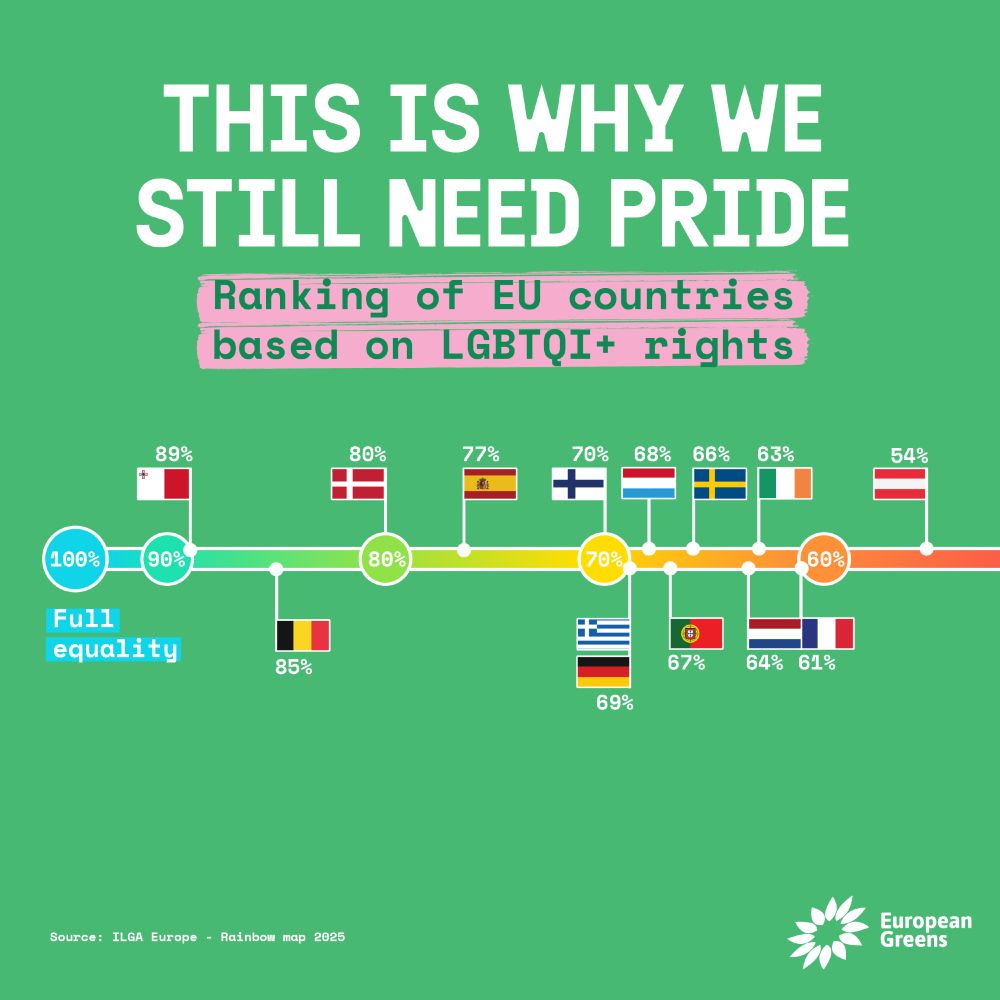 Ranking of EU countries
based on LGBTQI+ rights

From Full Equality (100%) to Full discrimination (0%)

By ILGA Europe, 2025


Malta 89%
Belgium 85%
Denmark 80%
Spain 78%
Finland 70%
Greece 69%
Germany 69%
Luxembourg 68%
Portugal 67%
Sweden 66%
Netherlands 62%
France 61%
Austria 54%
EU Average 51%
Slovenia 50%
Croatia 49%
Estonia 46%
Cyprus 34%
Czechia 33%
Slovakia 27%
Latvia 26%
Italy 24%
Lithuania 24%
Hungary 23%
Bulgaria 21%
Poland 20%
Romania 19%