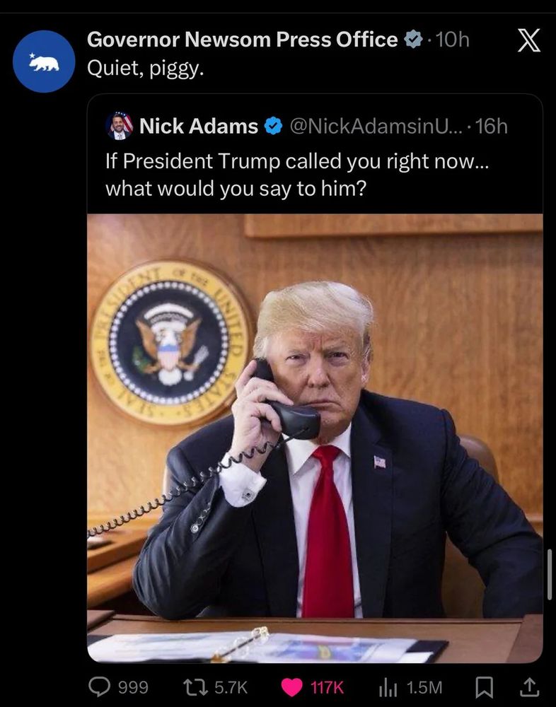 image of Gov Newsom's tweet to Nick Adams regarding Trump question