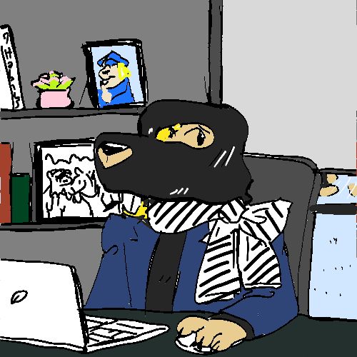 A character with a ski mask on, a tied scarf with many black and white stripes, and a blue business blazer sits in an office. The office appears to be furnished with some photos of their younger self.