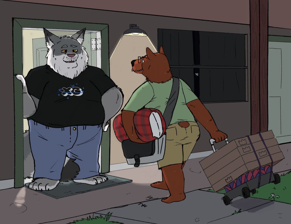 Barnem, a chubby anthropomorphic cinnamon bear, is pulling a cart loaded with sodas and pizzas. He has a pillow and an overnight bag under his arm. Standing in the doorway is Regiis, a tall, fat maine coon cat, wearing a band t-shit.