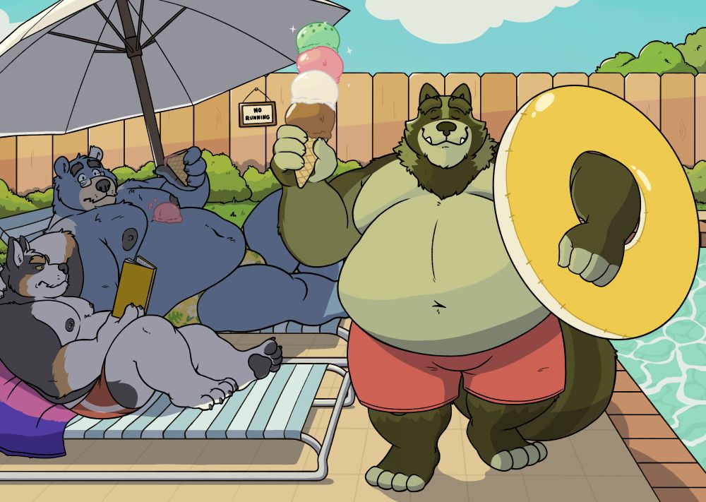 Forest walking down the poolside with a quadruple scoop of ice cream while Rus and Felix lounge in the shade. The bear staring in both awe and envy...

Part of a secret santa exchange held by @foxinthefridge :]