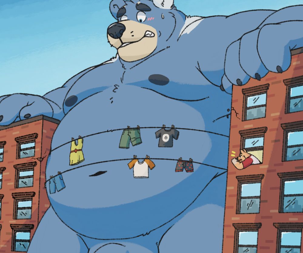 A large macro blue bear getting stuck in between some buildings.. poor guy 😔