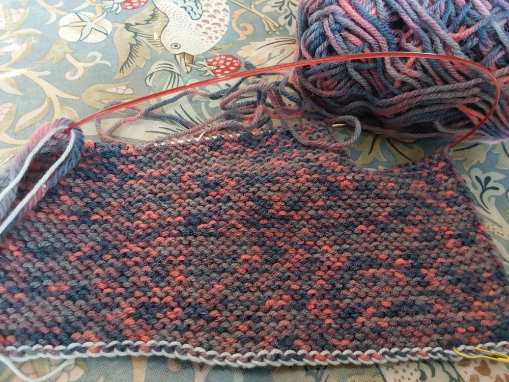 Garter Stitch Mitts by Ysolda Teague, knit flat and shaped with short rows, and worked from a provisional cast on in very pale blue cotton glace. The photo depicts the flat garter stitch in West Yorkshire Spinners ColourLab DK Sock in Soul, left over from some DK socks I knit last year. The colours are a lovely random mix of dark and light blue-grey with flecks of clear pink. Really nice yarn to work with, and the pattern is fabulous, extremely well written and easy to follow.