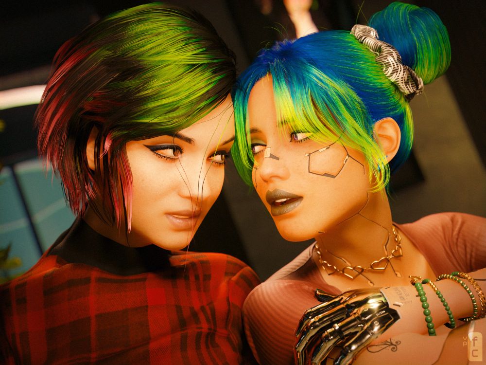 judy alvarez leans against her girlfriend, a cyberpunk woman with blue & green hair, as they lock eyes with longing expressions