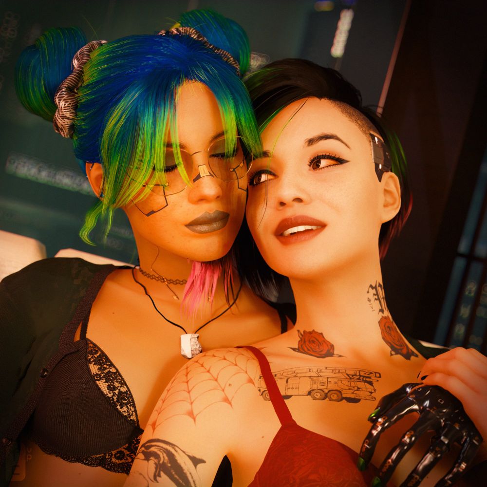 judy alvarez leaning back against her girlfriend, a cyberpunk woman with green & blue hair and glasses with her eyes closed.  judy looks at up her lovingly