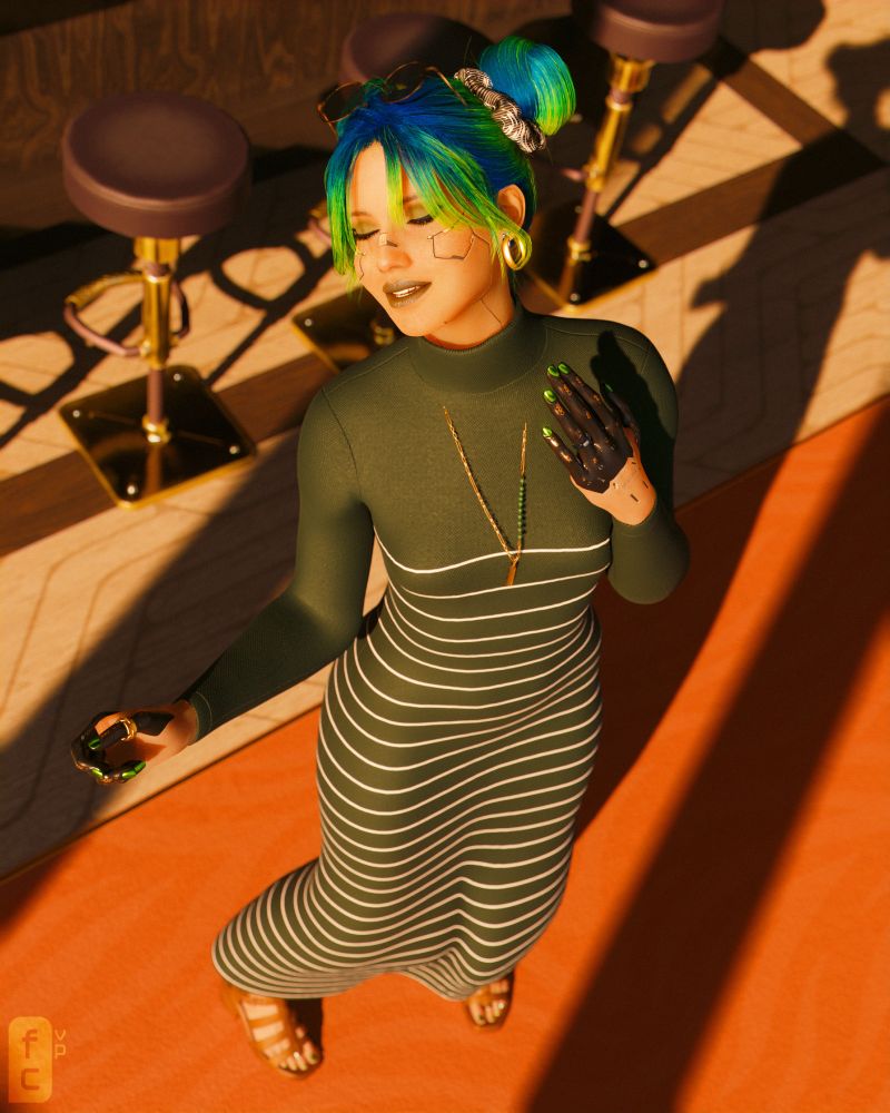 cyberpunk woman in a long green autumn turtleneck dress poses cutely while front-lit by the afternoon sun as it streams through the window of her luxury penthouse.  she is smiling with her eyes closed