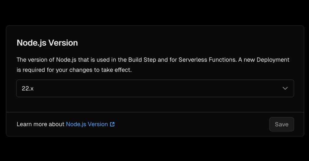 Node.js Version selector on the Vercel website.