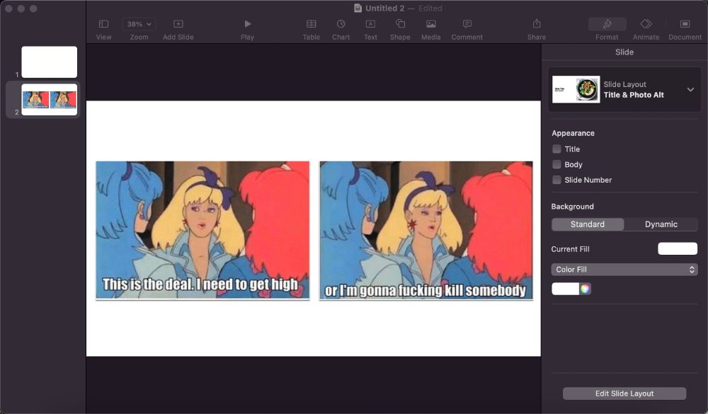 A screenshot of the application keynote being used to edit a meme