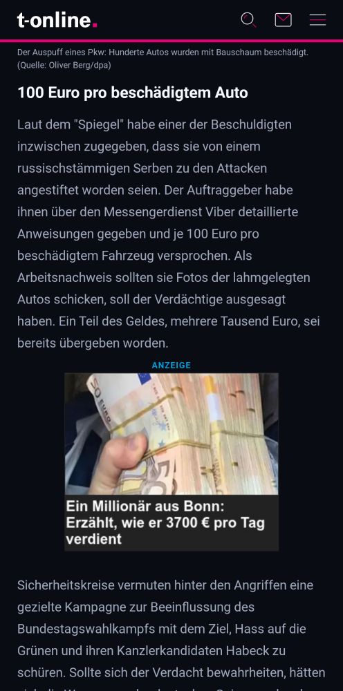 Screenshot des Artikels mit Werbung "Ein Millionär aus Bonn: Erzählt, wir er 3700 € pro Tag verdient" in der Mitte